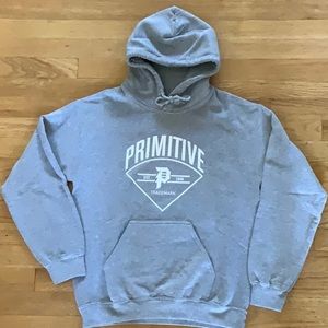 Men’s Primitive Gray Sweatshirt, white screen print and front pocket, size Small